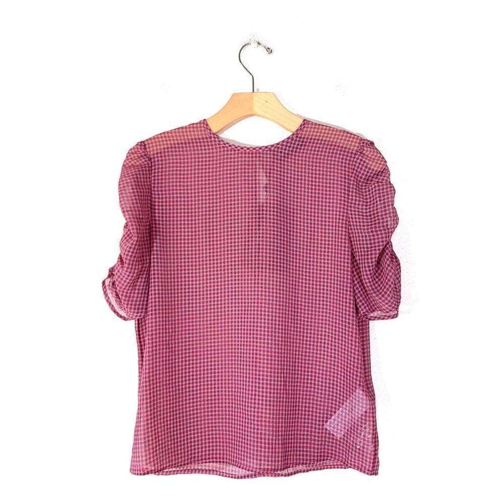 NWT The Fifth Label Home Run Top Ruched Sleeve Sheer Pink Check Print Small US 4
